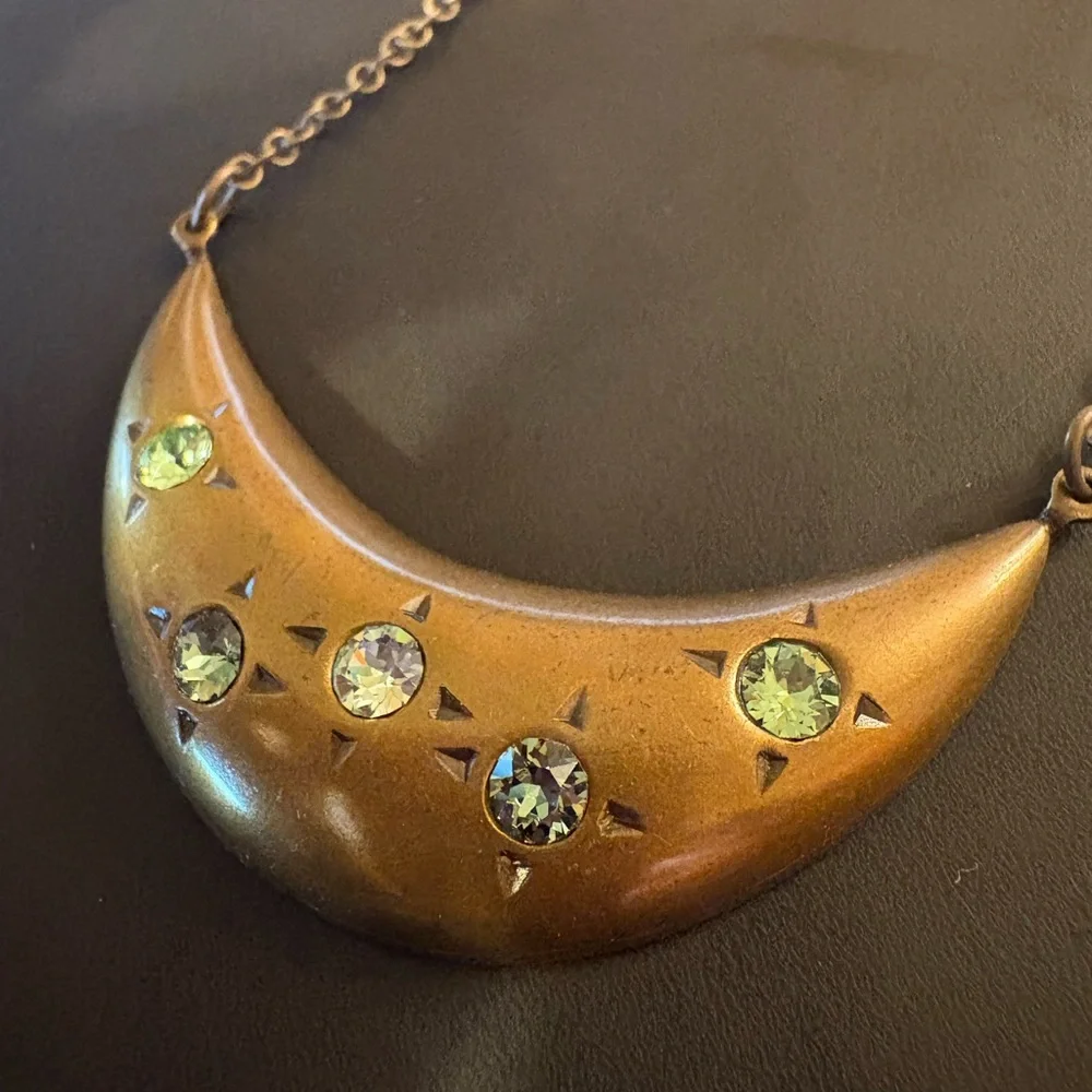 Sabika Antiqued-Style Goldish/Bronze Crescent Necklace with Green Gems - Picture 2 of 8